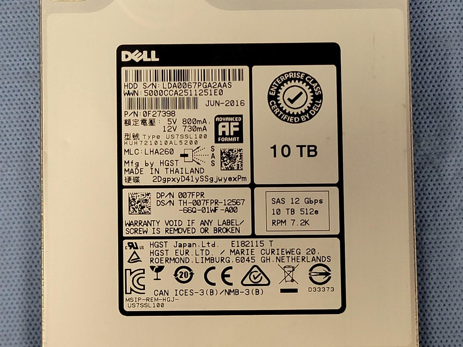 Dell 07FPR 10TB 7.2k 12Gb/s 3.5” SAS 512e Hard Drive HUH721010AL5200