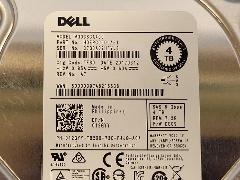 Dell 12GYY 4TB 7.2k 6Gb/s 3.5" SAS HDD Toshiba MG03SCA400