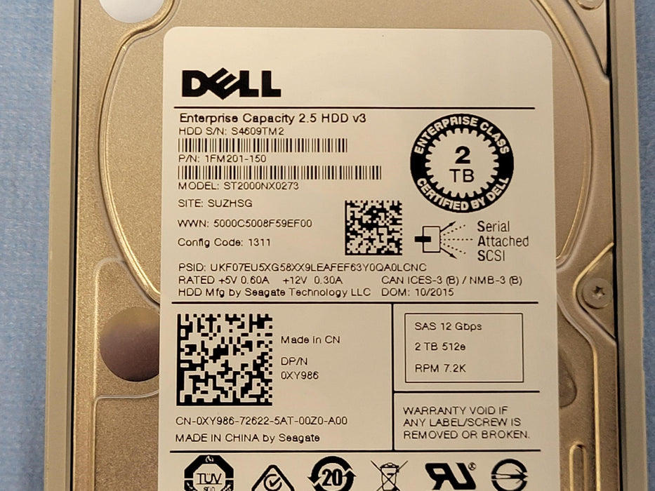 Dell XY986 2TB 7.2k 12Gb/s 2.5” SAS Hard Drive w/ Tray ST2000NX0273