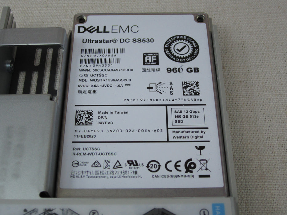 Dell 4YPVD 960GB 12Gb/s 2.5" SAS Read Intensive SSD in 3.5” Tray WUSTR1596ASS200